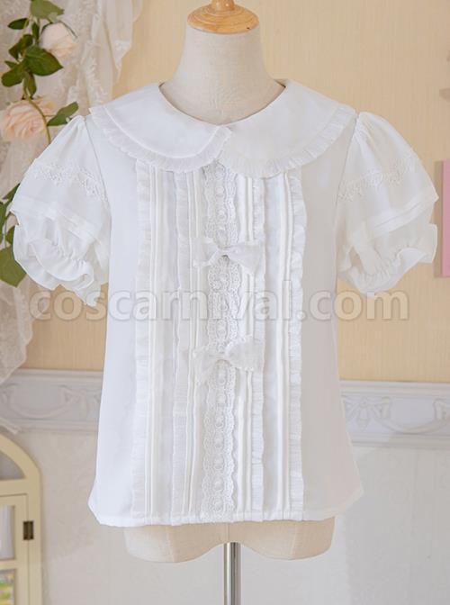 Pure White Pleated Sweet Doll Neckline Lantern Sleeve Decoration Sweet Lolita Blouse coscarnival