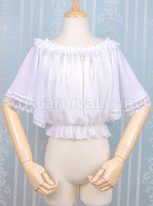 Pure White Simple Pleated Lace Shrinking Ruffle At Hem Mid-Sleeves Classic Lolita Short Blouse coscarnival