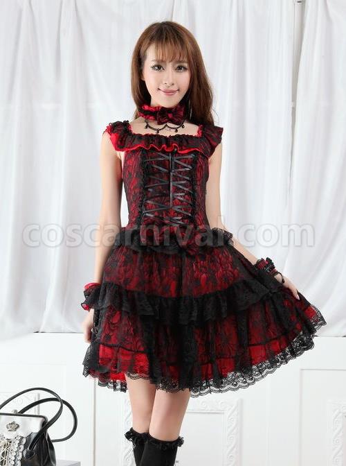Red And Black Lace Gothic Lolita Sleeveless Dress coscarnival
