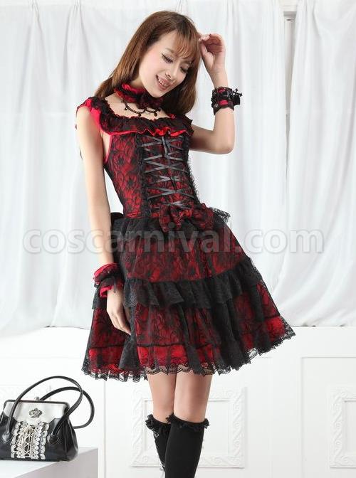 Red And Black Lace Gothic Lolita Sleeveless Dress coscarnival
