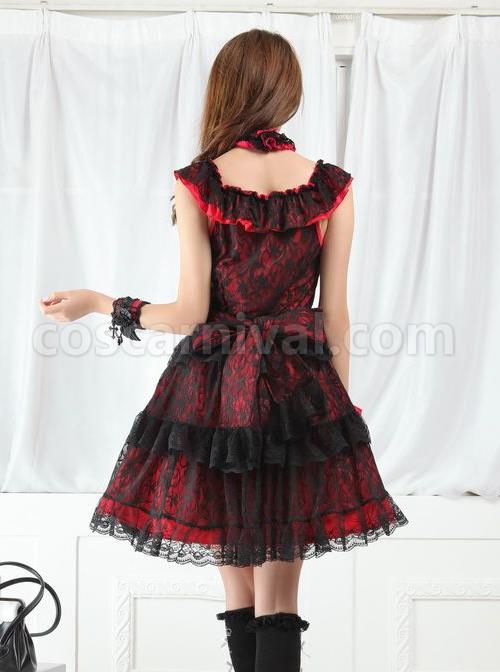 Red And Black Lace Gothic Lolita Sleeveless Dress coscarnival