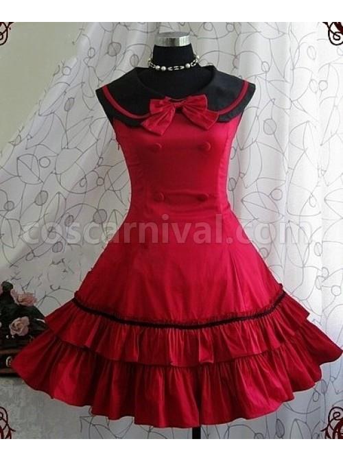 Red Long Sleeves Bow Preppy Style Cotton Sweet Lolita Dress With Cape coscarnival