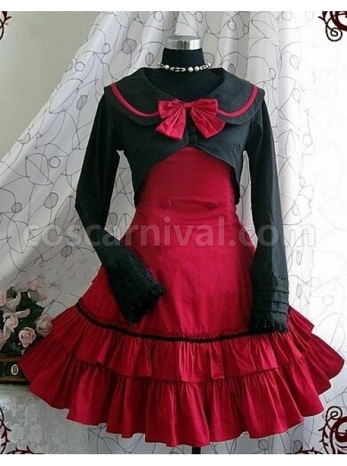 Red Long Sleeves Bow Preppy Style Cotton Sweet Lolita Dress With Cape coscarnival