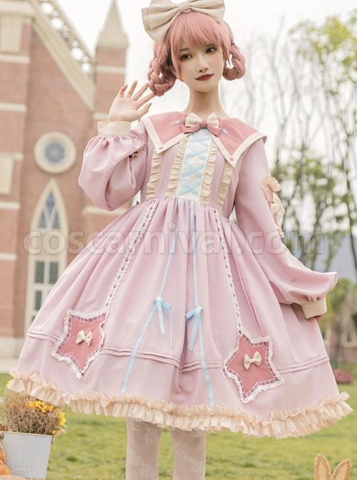 Red-Pentagram-Design-Cute-Big-Lapel-Neckline-Bow-Decoration-Pleated-Ruffle-Trim-Classic-Lolita-Long-Sleeve-Dress-coscarnival-4128