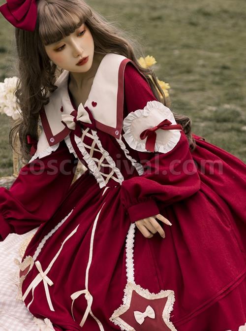 Red-Pentagram-Design-Cute-Big-Lapel-Neckline-Bow-Decoration-Pleated-Ruffle-Trim-Classic-Lolita-Long-Sleeve-Dress-coscarnival-4135