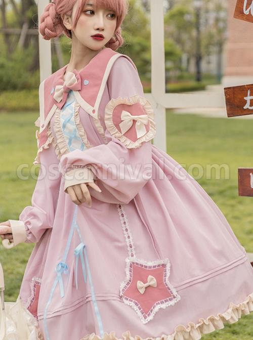 Red-Pentagram-Design-Cute-Big-Lapel-Neckline-Bow-Decoration-Pleated-Ruffle-Trim-Classic-Lolita-Long-Sleeve-Dress-coscarnival-4139