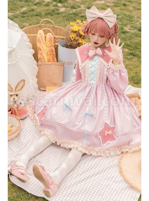 Red-Pentagram-Design-Cute-Big-Lapel-Neckline-Bow-Decoration-Pleated-Ruffle-Trim-Classic-Lolita-Long-Sleeve-Dress-coscarnival-4144