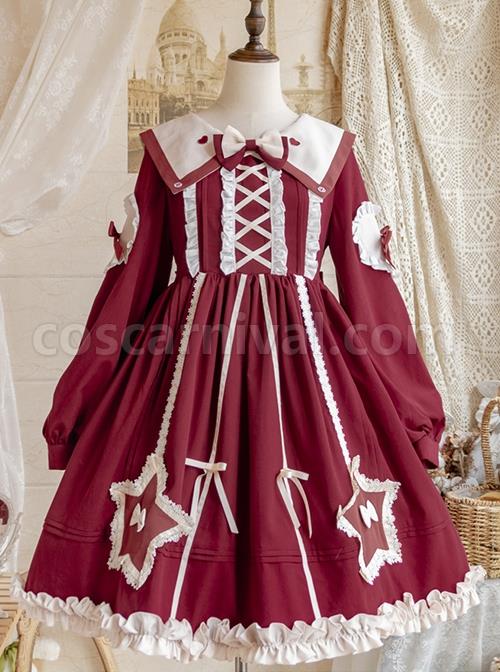 Red-Pentagram-Design-Cute-Big-Lapel-Neckline-Bow-Decoration-Pleated-Ruffle-Trim-Classic-Lolita-Long-Sleeve-Dress-coscarnival-4151