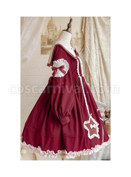 Red-Pentagram-Design-Cute-Big-Lapel-Neckline-Bow-Decoration-Pleated-Ruffle-Trim-Classic-Lolita-Long-Sleeve-Dress-coscarnival-4153