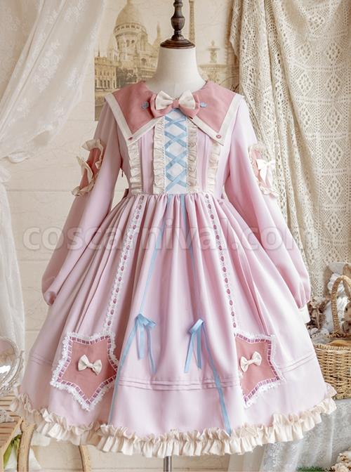 Red-Pentagram-Design-Cute-Big-Lapel-Neckline-Bow-Decoration-Pleated-Ruffle-Trim-Classic-Lolita-Long-Sleeve-Dress-coscarnival-4160