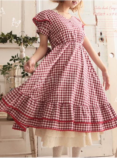 Red-Plaid-Bowknot-Big-Hem-Classic-Lolita-Short-Sleeve-Dress-coscarnival-1553