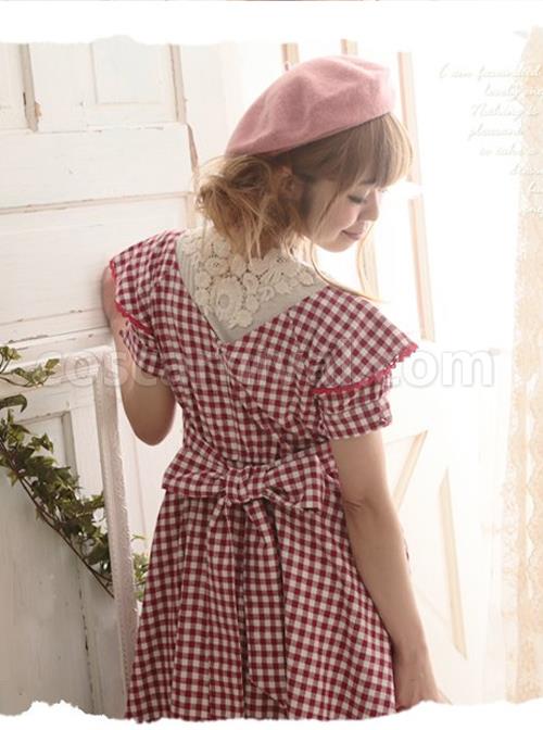 Red-Plaid-Bowknot-Big-Hem-Classic-Lolita-Short-Sleeve-Dress-coscarnival-1561