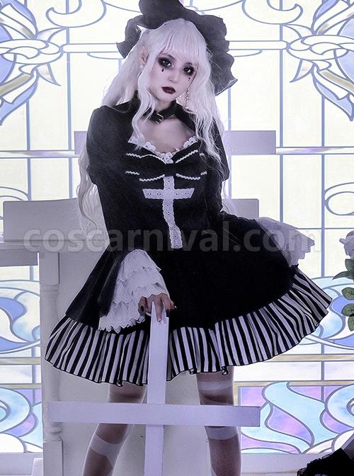 Requiem Series Classical Velvet Lace Cross Halloween Stripe Hem Gothic Lolita Long Sleeve Dress coscarnival