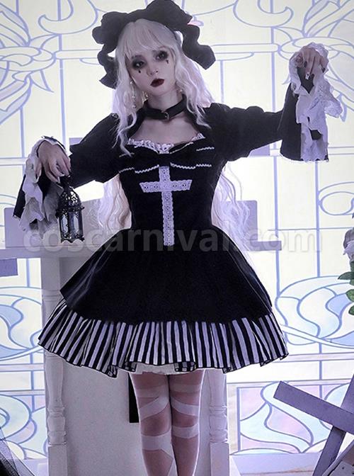 Requiem Series Classical Velvet Lace Cross Halloween Stripe Hem Gothic Lolita Long Sleeve Dress coscarnival