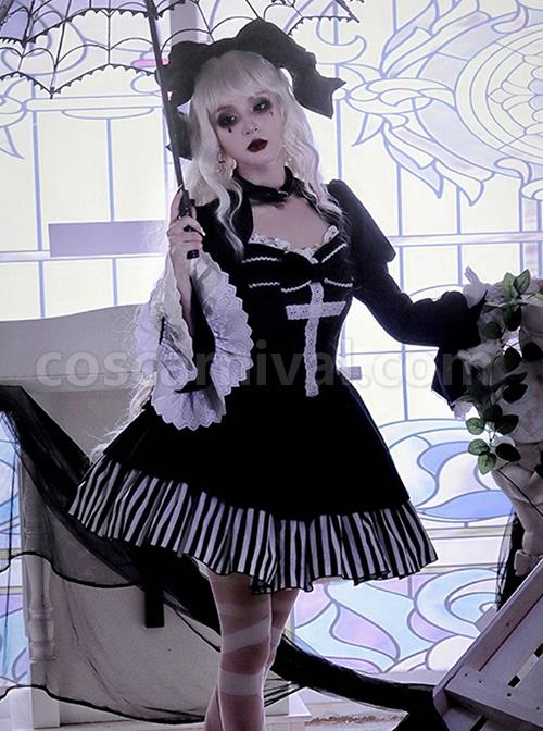 Requiem Series Classical Velvet Lace Cross Halloween Stripe Hem Gothic Lolita Long Sleeve Dress coscarnival