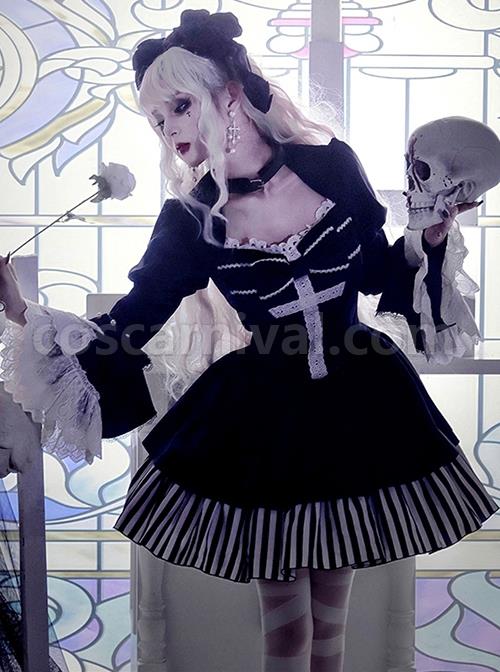 Requiem Series Classical Velvet Lace Cross Halloween Stripe Hem Gothic Lolita Long Sleeve Dress coscarnival