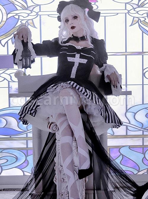 Requiem Series Classical Velvet Lace Cross Halloween Stripe Hem Gothic Lolita Long Sleeve Dress coscarnival
