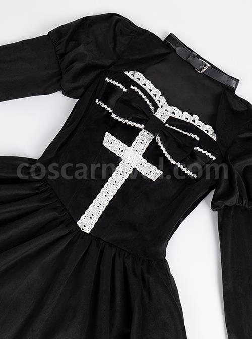 Requiem Series Classical Velvet Lace Cross Halloween Stripe Hem Gothic Lolita Long Sleeve Dress coscarnival