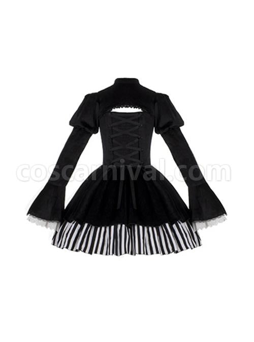 Requiem Series Classical Velvet Lace Cross Halloween Stripe Hem Gothic Lolita Long Sleeve Dress coscarnival