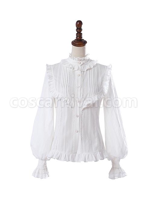 Retro Court Classic Lolita Pleated Lace Comfortable Jacquard Cotton White Long Sleeve Shirt coscarnival