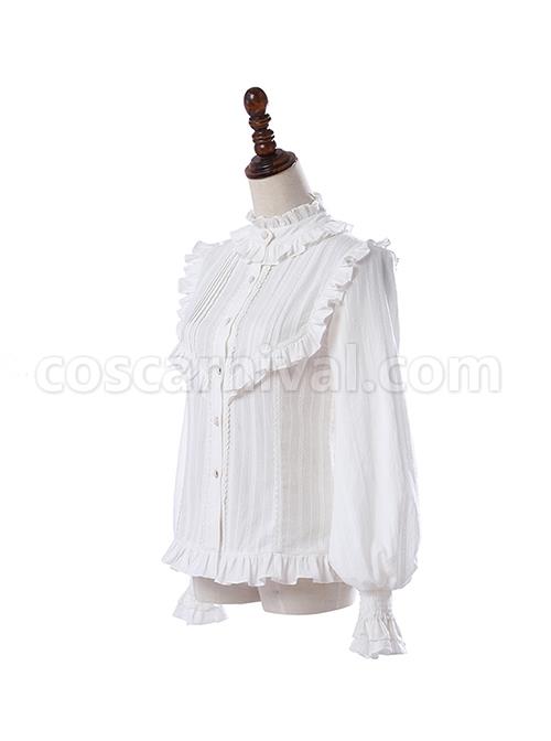 Retro Court Classic Lolita Pleated Lace Comfortable Jacquard Cotton White Long Sleeve Shirt coscarnival