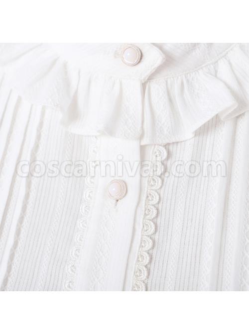 Retro Court Classic Lolita Pleated Lace Comfortable Jacquard Cotton White Long Sleeve Shirt coscarnival