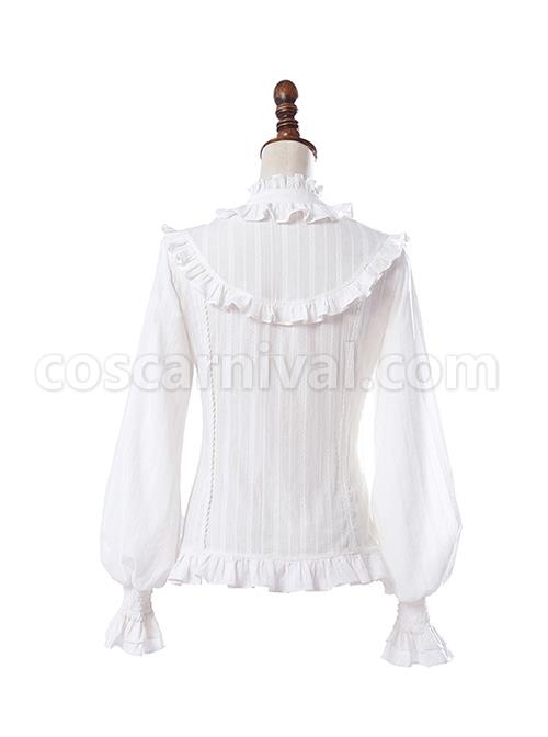 Retro Court Classic Lolita Pleated Lace Comfortable Jacquard Cotton White Long Sleeve Shirt coscarnival