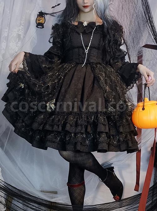 Retro-Court-Style-Delicate-Lace-Jacquard-Design-Pleated-Lace-Trim-Bow-Knots-Flared-Sleeves-Classic-Lolita-Dress-coscarnival-2309