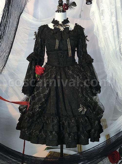 Retro-Court-Style-Delicate-Lace-Jacquard-Design-Pleated-Lace-Trim-Bow-Knots-Flared-Sleeves-Classic-Lolita-Dress-coscarnival-2325