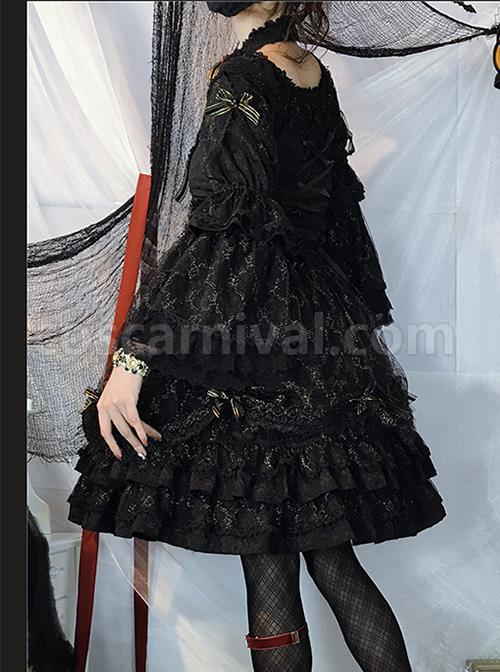 Retro-Court-Style-Delicate-Lace-Jacquard-Design-Pleated-Lace-Trim-Bow-Knots-Flared-Sleeves-Classic-Lolita-Dress-coscarnival-2343