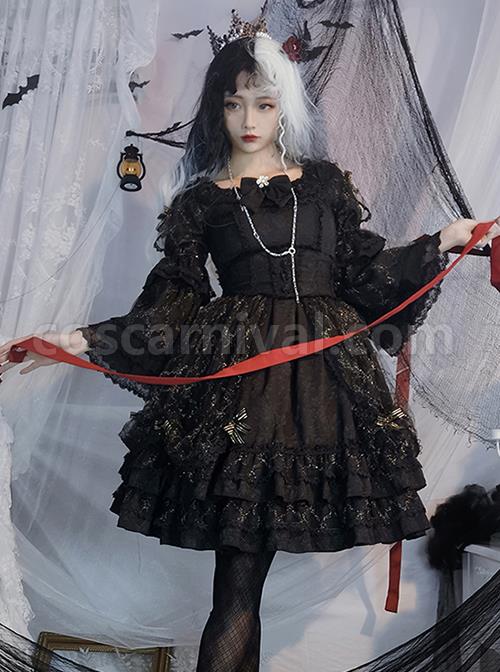 Retro-Court-Style-Delicate-Lace-Jacquard-Design-Pleated-Lace-Trim-Bow-Knots-Flared-Sleeves-Classic-Lolita-Dress-coscarnival-2346