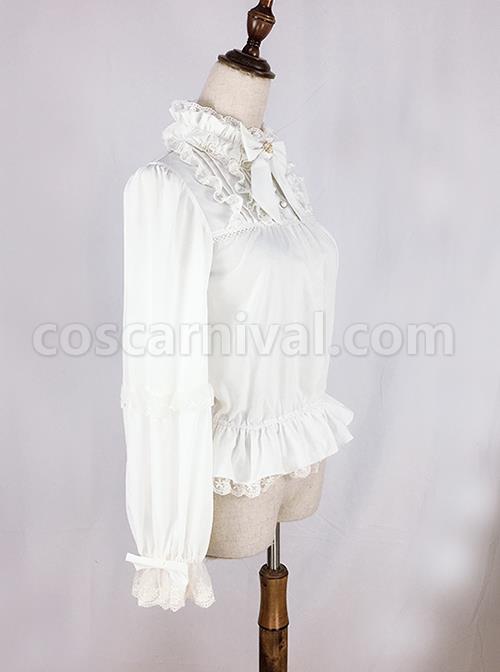 Retro Court Style Pleated Lace Stand Collar Design Bow Knot Ruffled Ruched Long Sleeves Classic Lolita Chiffon Shirt coscarnival
