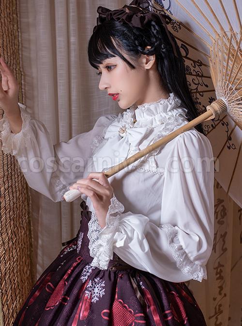 Retro Court Style Pleated Lace Stand Collar Design Bow Knot Ruffled Ruched Long Sleeves Classic Lolita Chiffon Shirt coscarnival