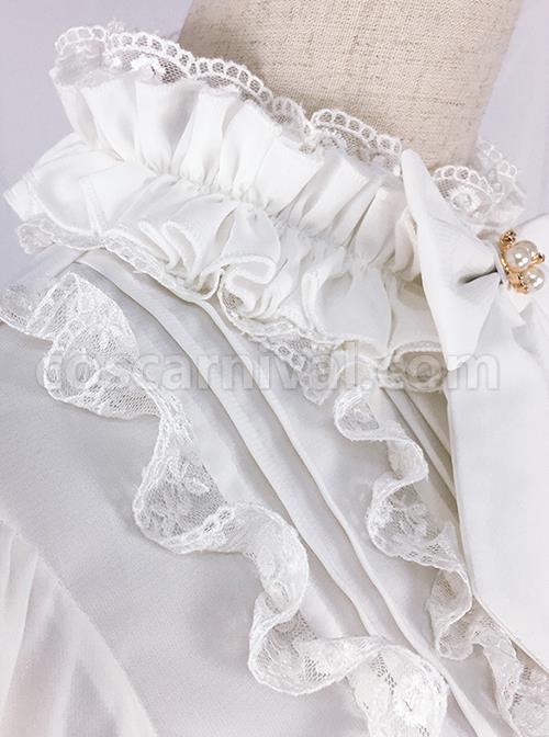 Retro Court Style Pleated Lace Stand Collar Design Bow Knot Ruffled Ruched Long Sleeves Classic Lolita Chiffon Shirt coscarnival