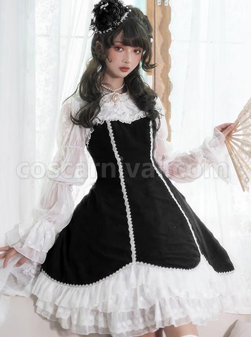 Retro-Elegant-Black-White-Doll-Collar-Stitching-Semi-Transparent-Lotus-Root-Sleeve-Lace-Hem-Classic-Lolita-Long-Sleeved-Dress-coscarnival-2298