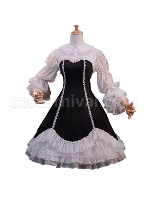 Retro-Elegant-Black-White-Doll-Collar-Stitching-Semi-Transparent-Lotus-Root-Sleeve-Lace-Hem-Classic-Lolita-Long-Sleeved-Dress-coscarnival-2306