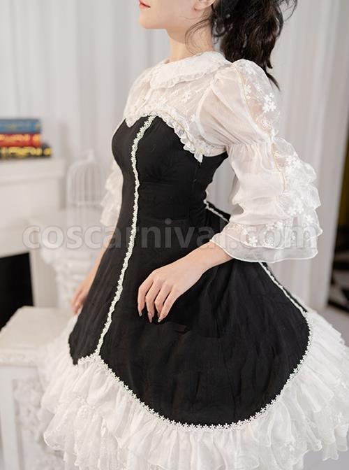 Retro-Elegant-Black-White-Doll-Collar-Stitching-Semi-Transparent-Lotus-Root-Sleeve-Lace-Hem-Classic-Lolita-Long-Sleeved-Dress-coscarnival-2324