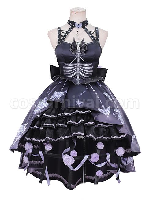Retro Gothic Three-Dimensional Butterfly Bat Wing Decoration Hollow Bone Print Irregular Hem Halloween Gothic Lolita Sleeveless Dress coscarnival