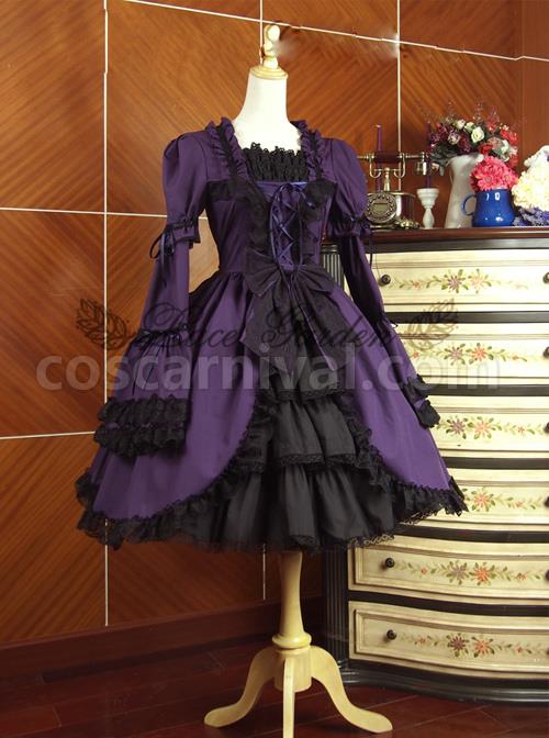 Retro Lace And Bind Strap Gothic Lolita Long Sleeve Dress coscarnival