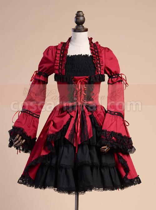 Retro Lace And Bind Strap Gothic Lolita Long Sleeve Dress coscarnival