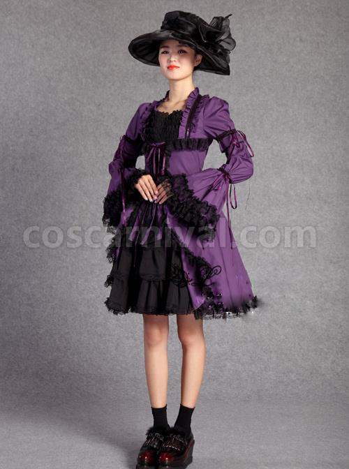 Retro Lace And Bind Strap Gothic Lolita Long Sleeve Dress coscarnival