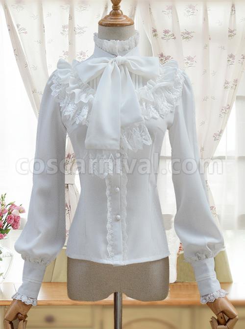 Retro Stand Collar Bowknot Tie Lolita Lantern Sleeve Shirt coscarnival