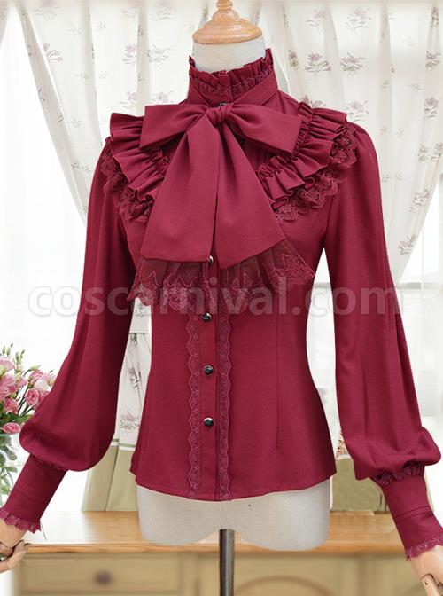 Retro Stand Collar Bowknot Tie Lolita Lantern Sleeve Shirt coscarnival