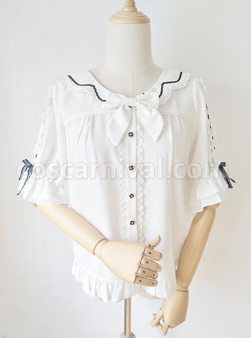 Ribbon Bowknot Ruffle Chiffon Short Sleeve Shirt Sweet Lolita Blouse coscarnival