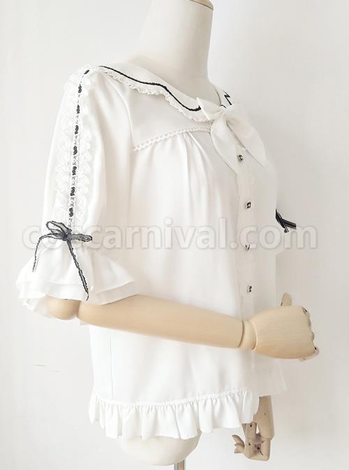 Ribbon Bowknot Ruffle Chiffon Short Sleeve Shirt Sweet Lolita Blouse coscarnival