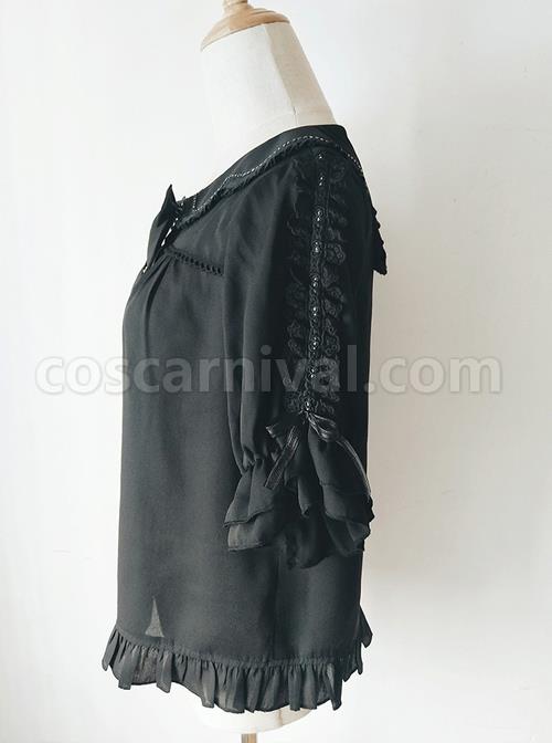 Ribbon Bowknot Ruffle Chiffon Short Sleeve Shirt Sweet Lolita Blouse coscarnival