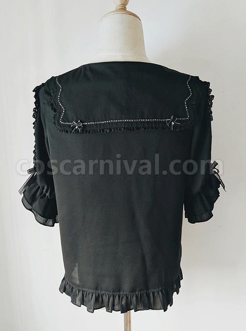 Ribbon Bowknot Ruffle Chiffon Short Sleeve Shirt Sweet Lolita Blouse coscarnival