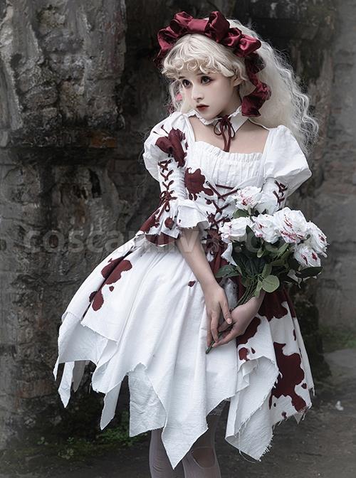 Romeo Series Lacing Stand Collar Chest Hollow Irregular Hem Bloody Gothic Lolita Mid-Sleeved Dress coscarnival