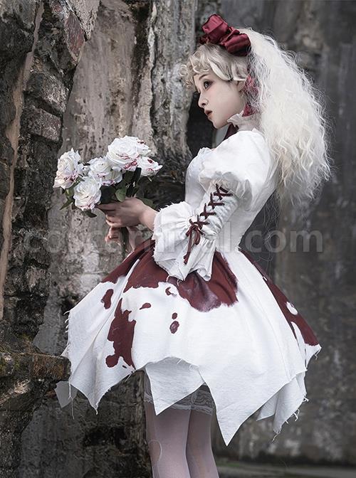 Romeo Series Lacing Stand Collar Chest Hollow Irregular Hem Bloody Gothic Lolita Mid-Sleeved Dress coscarnival