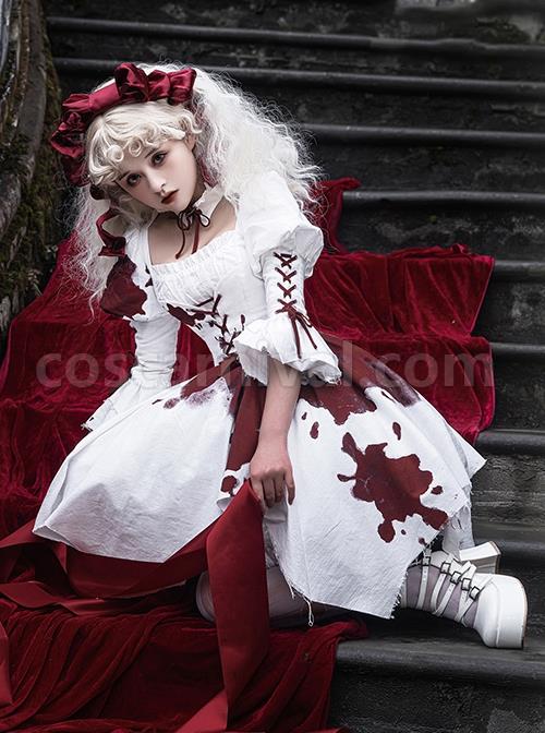 Romeo Series Lacing Stand Collar Chest Hollow Irregular Hem Bloody Gothic Lolita Mid-Sleeved Dress coscarnival